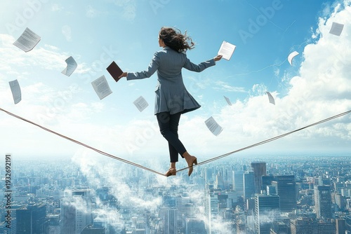 Wallpaper Mural woman in business attire balancing on a high tightrope above a sprawling city skyline as papers and documents scatter, poised and determined Torontodigital.ca