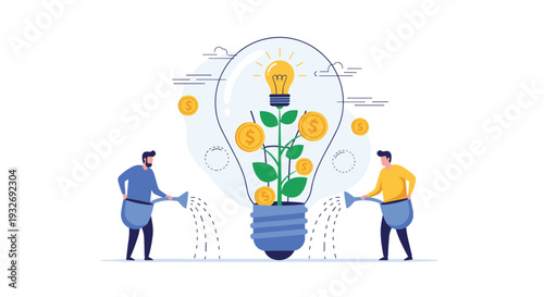 Two men diligently water a plant with dollar coins growing inside a lightbulb, symbolizing investment in ideas, fostering growth, and generating financial returns.