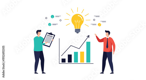 Two men discuss an upward-trending bar chart with a glowing lightbulb idea above, symbolizing business growth, strategic planning, and innovative solutions.