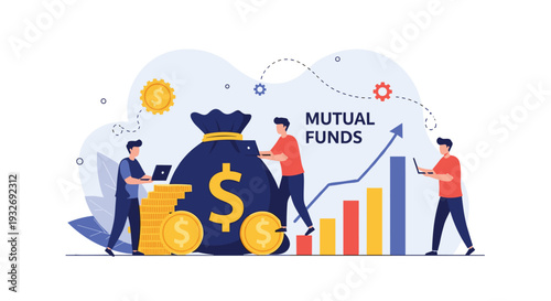 Three men with laptops and money bags, alongside "MUTUAL FUNDS" text and a rising financial chart, symbolizing investment, wealth management, and market growth.