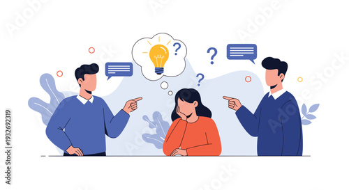 Two men pointing at a troubled woman, with a lightbulb idea and question marks overhead, symbolizing blame, creative challenges, and professional pressure.