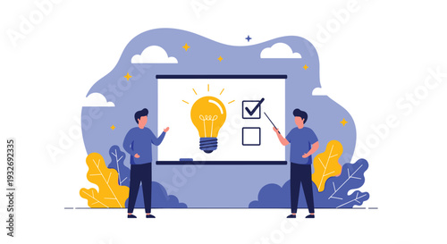 Two men present a bright lightbulb idea and a detailed checklist on a whiteboard, symbolizing brainstorming, project planning, and effective problem-solving.