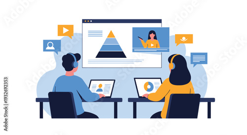 Two individuals use laptops to watch an engaging online video featuring a pyramid diagram, symbolizing e-learning, virtual education, and remote training.