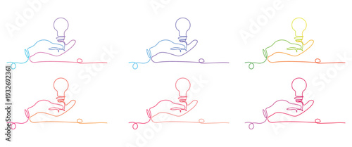 Continuous one line art drawings of human hands holding glowing light bulbs in vibrant colorful gradients symbolizing creative ideas and innovation on a clean white background