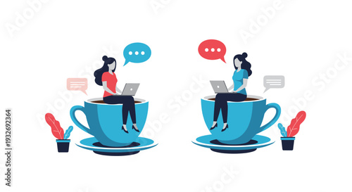 Two women sit comfortably on giant coffee cups with laptops, engaged in conversation, symbolizing coffee break, remote work, and casual business communication.