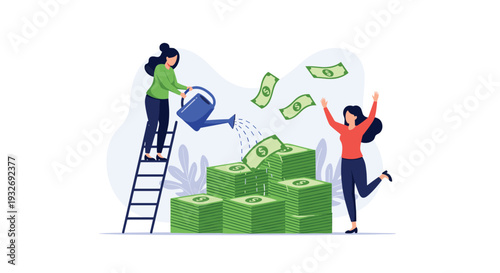 One woman on a ladder waters a large pile of money, while another celebrates as more cash falls, symbolizing wealth generation, investment, and financial abundance.