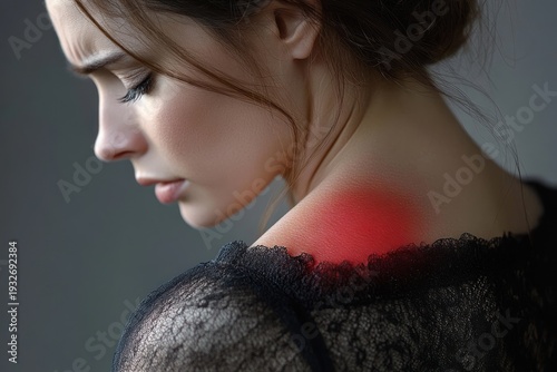 Wallpaper Mural woman turned away in black lace top revealing reddened irritated shoulder and neck, soft lighting conveying discomfort and vulnerability Torontodigital.ca