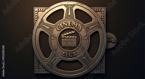 Vintage Cinema Club Emblem - A Detailed Metallic Film Reel Design.