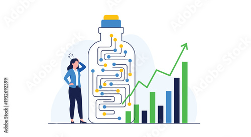 Intrigued woman observes a lightbulb-shaped bottle filled with circuit lines, alongside a rising bar chart, symbolizing innovation, technological growth, and strategic development.