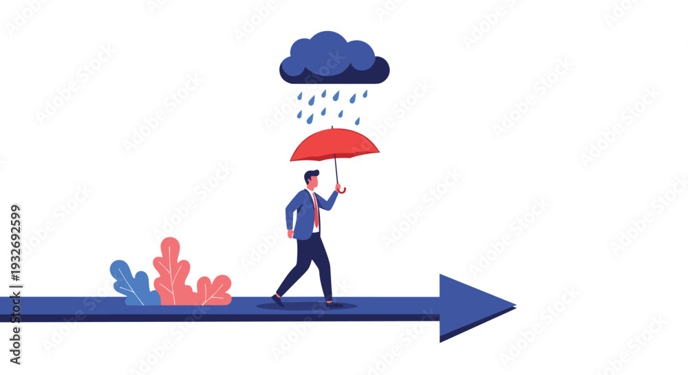 Fototapeta premium Resilient businessman walks confidently under a rainy cloud with an umbrella, moving forward on an arrow, symbolizing navigating challenges and risk management.