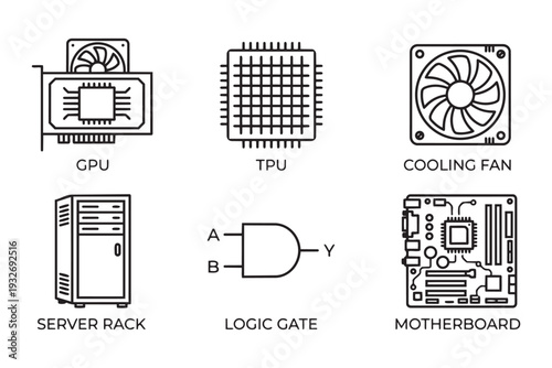 AI Hardware Components, Neural Network Processing and Data Center Infrastructure Minimalist Mono-line Icon Set Vector Illustration