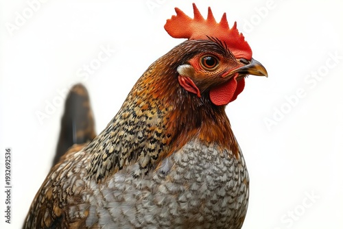 Wallpaper Mural Close-up portrait of a speckled chicken with bright red comb and wattles, sharp eye and alert curious expression on a white background Torontodigital.ca