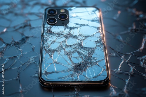 Wallpaper Mural shattered smartphone with triple camera cluster on cracked glass surface, blue reflections and scattered shards conveying fragile damaged tense mood Torontodigital.ca