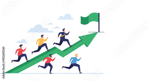 Multiple determined men race up a steep upward-trending arrow towards a flag, symbolizing competition, strategic growth, and the pursuit of business goals.