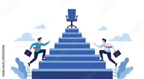 Two ambitious businessmen race up a grand staircase towards an empty office chair at the summit, symbolizing career competition, promotion, and leadership aspiration.