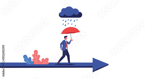 Resilient businessman walks confidently under a rainy cloud with an umbrella, moving forward on an arrow, symbolizing navigating challenges and risk management.