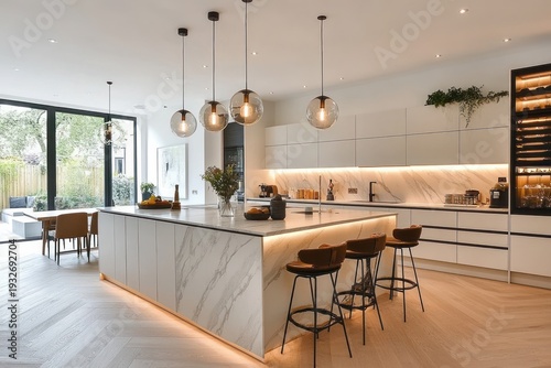 Wallpaper Mural Inviting sunlit modern kitchen with marble waterfall island, row of globe pendant lights, three leather bar stools, sleek white cabinetry and dining area by glass doors to garden Torontodigital.ca