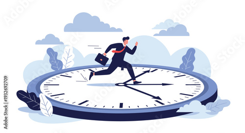 Determined businessman runs diligently on a giant clock face, symbolizing time management, meeting deadlines, and the pressure of efficient work.