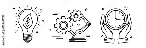 Innovation concepts: lightbulb, gear mechanism, clock hands