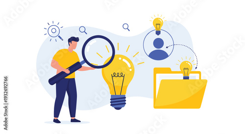 Man uses a magnifying glass to closely examine a bright idea light bulb, symbolizing discovery, innovation, problem-solving, and concept development.