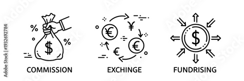 Financial concepts: commission, currency exchange, fundraising icons