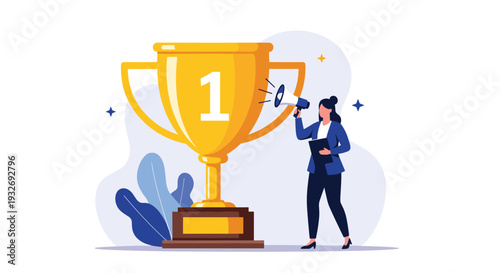 Businesswoman stands confidently beside a huge golden trophy, holding a megaphone and documents, celebrating success and announcing victory.