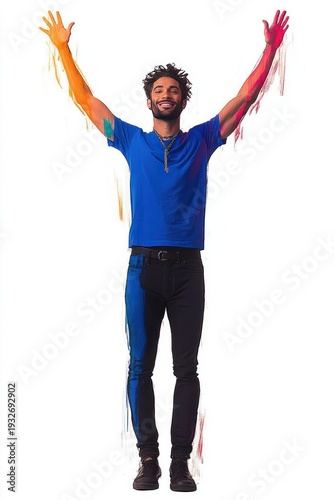 Wallpaper Mural Person standing full-length with arms raised, blue shirt and black jeans, hands and arms streaked with red and yellow paint, joyful triumphant expressive pose on white background Torontodigital.ca
