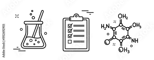 Laboratory experiment icon set: beaker, checklist, chemical structure