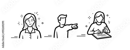 Illustration of people engaged in various activities: female, male, reading, writing