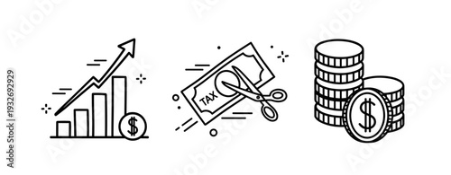 Financial growth and savings: graph, tax cut, coin stack icons