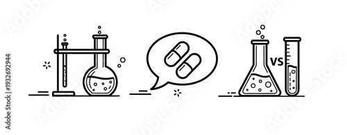 Scientific experiment with chemical beakers and medicine capsules conceptual illustration