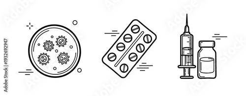 Scientific illustration: petri dish, tablets, syringe, vaccine vial