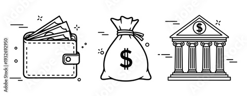 Illustrated money symbols: wallet, money bag, and bank building line art