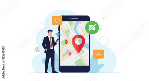 Man stands beside a giant smartphone showing a map with a location pin, shopping cart, and message icons, symbolizing mobile navigation and e-commerce.