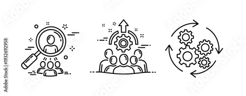Teamwork and efficiency icons: recruitment, collaboration, process improvement