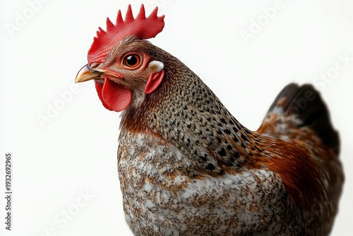 Wallpaper Mural Alert speckled hen with bright red comb and wattles, attentive gaze and detailed brown and white plumage in close-up profile on white background Torontodigital.ca