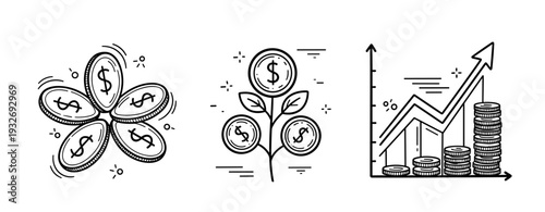 Financial growth concepts: money flower, dollar tree, rising chart with coins