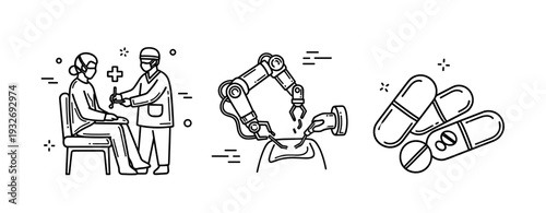 Healthcare technology: doctor, robotic arm surgery, medicine capsules in modern illustration