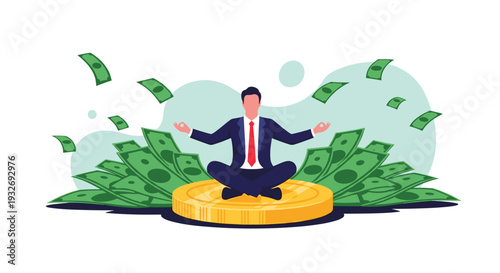 Businessman sits calmly in a meditative lotus pose on a giant gold coin, surrounded by money and flying banknotes, symbolizing financial abundance and prosperity.
