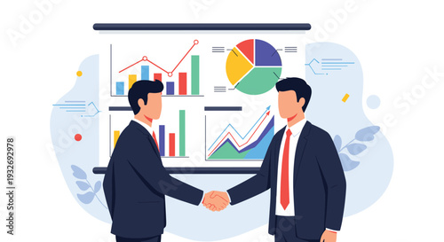 Two businessmen shake hands firmly in front of a presentation board with financial charts, symbolizing a successful partnership and business agreement.