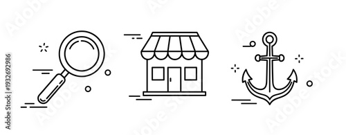 Magnifying glass, storefront, and anchor line art illustrations