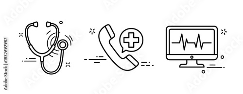 Healthcare icons: stethoscope, phone consultation, heart monitoring