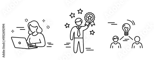 Line art illustrations of business concepts: female professional, award-winning male, collaborative team