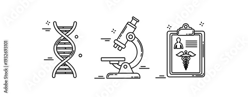 Stylized genetic dna strand, microscope, and medical report icons in line art