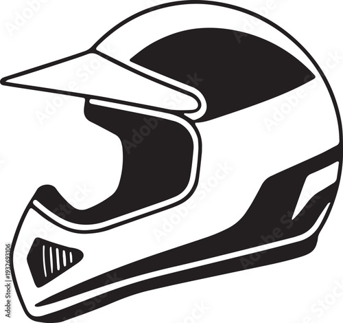 Black and white of a motocross helmet with visor and chin guard dirt bike helmet