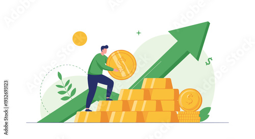 Man climbs a stack of gold bars, holding a large gold coin, with an upward arrow, symbolizing financial growth and wealth accumulation through investment.