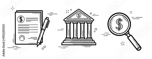 Financial documentation and analysis with bank and pen icons