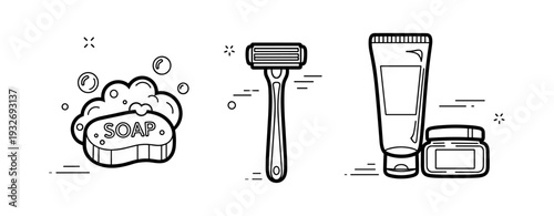 Hand-drawn soap, razor, and skincare products illustration with clean design
