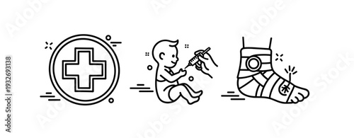 Healthcare icons: hospital symbol, vaccination for baby, injured foot bandaging