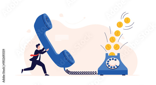 Man runs with a giant phone receiver towards a telephone ejecting gold coins, symbolizing making money through effective communication and sales calls.